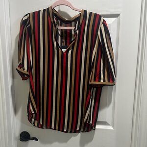 Tommy Hilfiger Vertical Stripe V-Neck Blouse in Black, Red & Tan